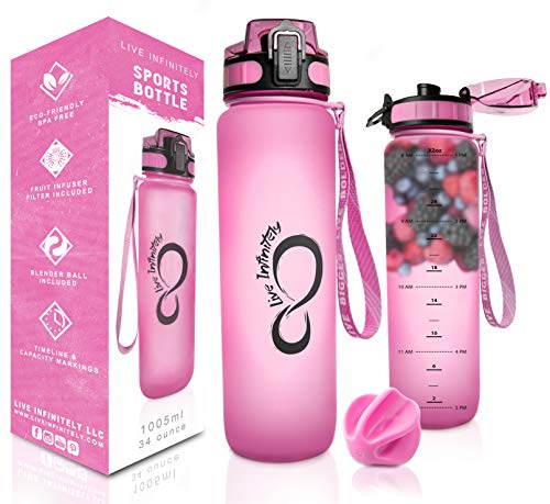 Product Cover Live Infinitely 34 oz BPA Free Water Bottle with Time Marker, Fruit Infuser Screen & Shaker Blending Ball - Locking Flip Top Lid & Durable Rubberized Bottle Coating (Pink, 34 Ounce)