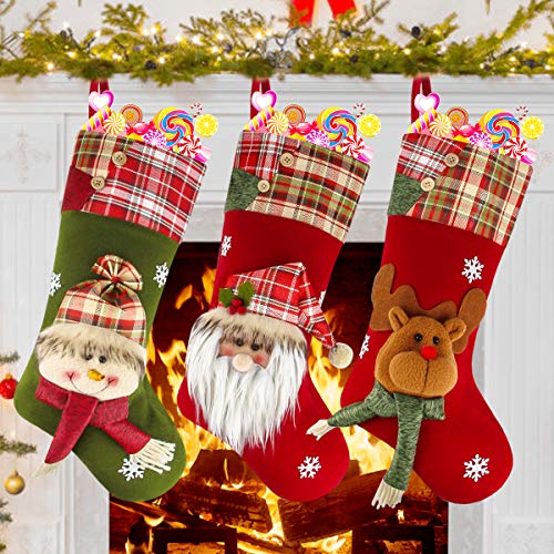 Product Cover Dreampark Christmas Stockings, 3 Pack Big Classic Plaid Xmas Stockings - Santa Snowman Reindeer Character for Christmas Decorations Home Party Supplies and Kids Gifts