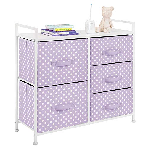 Product Cover mDesign Wide Dresser 5 Drawers Storage Furniture - Wood Top, Easy Pull Fabric Bins - Organizer for Child/Kids Room or Nursery - Polka Dot Pattern - Light Purple with White Polka Dots