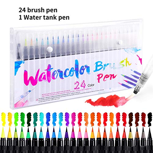 Product Cover Watercolor Brush Pens 24 Colors Soft Painting Pens Water-Based Ink Pen Set with Flexible Fiber Brush Tips For Adult Kids Drawing Coloring Calligraphy Artists and Beginner Painters Christmas Gifts
