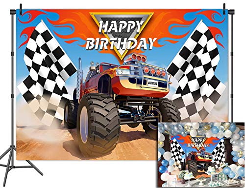 Product Cover Monster Truck Grave Digger Theme Backdrop Black and White Flags Party Banner Vinyl Photobooth Props Backgrounds Happy Birthday Decoration 5x3ft
