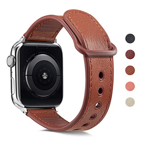Product Cover Erwubala Sport Watch Band Compatible with Apple Watch Band 38mm 40mm 42mm 44mm,Genuine Leather+Premium TPU Replacement Sport Strap iWatch Band for Apple Watch Series 5/4/3/2/1 (Brown, 42mm/44mm)
