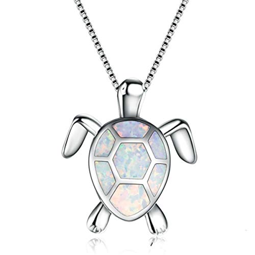 Product Cover Beiswe Cute Turtle Pendant Necklace Lovely Animals White Fire Opal 925 Sterling Silver Necklace Jewellery Gifts (White)