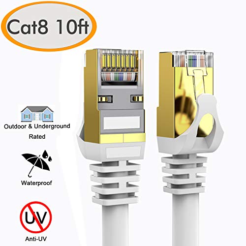 Product Cover Cat 8 Ethernet Cable 10 ft Shielded, 26AWG Lastest 40Gbps 2000Mhz SFTP Patch Cord, Heavy Duty High Speed Cat8 LAN Network RJ45 Cable- in Wall, Outdoor, Weatherproof Rated for Router, Modem, Gaming