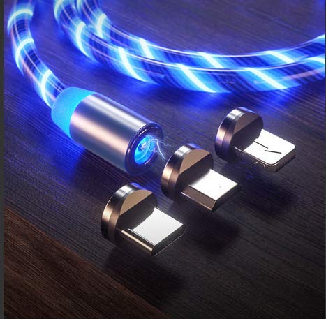 Product Cover LED Flowing Magnetic Charger Blue Cable Light Up Candy Moving Party Shining Charger Phone Charging Cable Magnetic streamer absorption USB Snap Quick Connect 3 in 1 USB Cable (1 Cable+3 Magnetic Plugs)