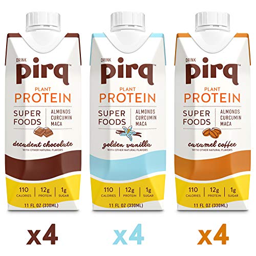 Product Cover Pirq, Vegan Protein Shake, Turmeric Curcumin, Maca, Plant-Based Protein Drink, Gluten-Free, Dairy-Free, Soy-Free, Non-GMO, Vegetarian, Kosher, Keto, Low Calorie (Indulgent Variety Pack, 12 Pack)
