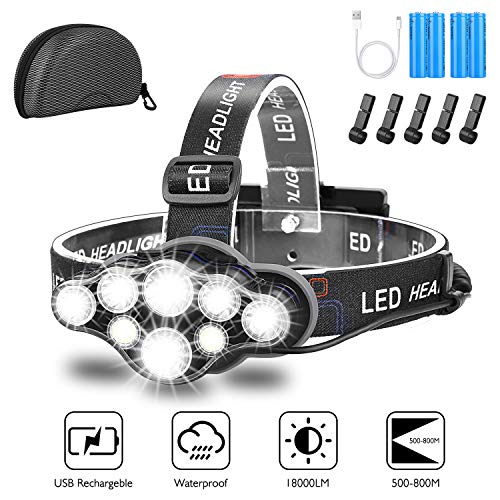 Product Cover Headlamp,Brightest 18000 Lumen 8 LED 8 Modes Headlight with Red Warning Lihgt,USB Rechargeable Waterproof Headlight Flashlight,Super Bright Headlamp Flashlight for Camping,Fishing,Cellar,Outdoors