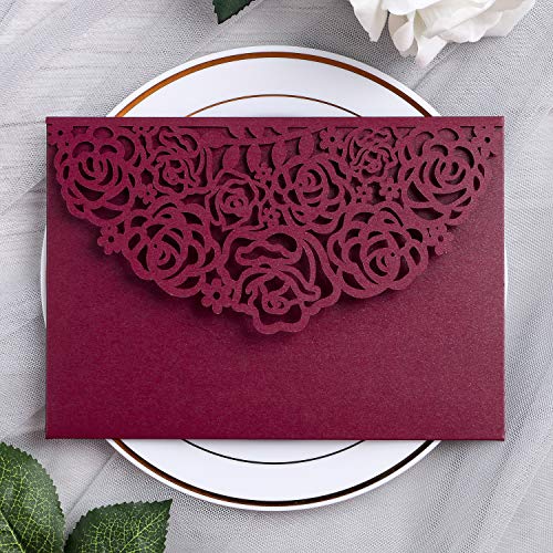 Product Cover YIMIL 20 Pcs 5.12 x 7.21 inch Tri-fold Laser Cut Wedding Invitation Pocket for Wedding Quinceanera Bridal Shower Baby Shower Party Invite (Burgundy)