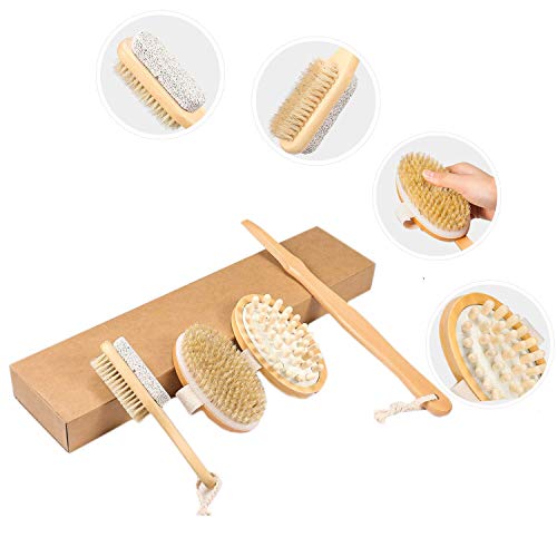 Product Cover Dry Brushing Body Brush Set，XinFun 100％ Soft Natural Bristle Long Wooden Handle Back Scrubber Massager & Face Exfoliator Improve Blood Circulation and Shower Brush for Skin Health Remove Dead Skin