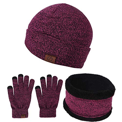 Product Cover BeCann Winter Beanie Hats Scarf Touch Screen Gloves 3 Pieces Large Hat Scarf Gloves Set Thick Knit Skull Cap for Men Women (Rose)