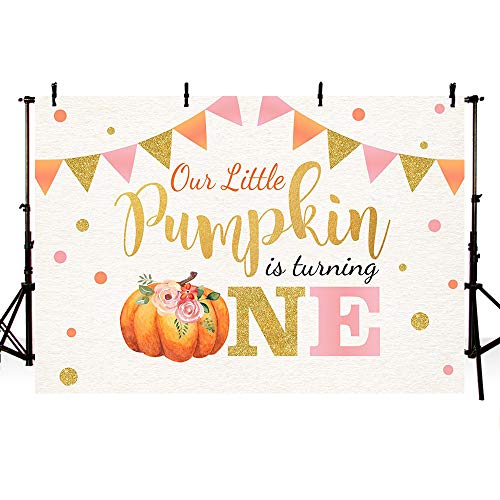 Product Cover MEHOFOTO Little Pumpkin Birthday Party Photo Background Banner Fall Autumn Our Little Pumpkin Girl Happy 1st Birthday Pink Gold Dots Backdrops Props for Cake Table Supplies 7x5ft