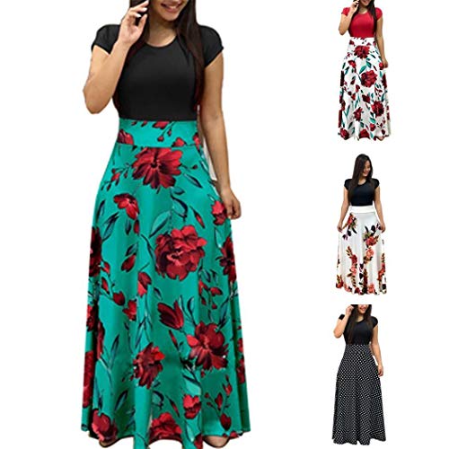 Product Cover isopeen Women Casual Long Dress Short Sleeve O-Neck High Waist Patchwork Slim Pleated Floral Maxi Dress Black