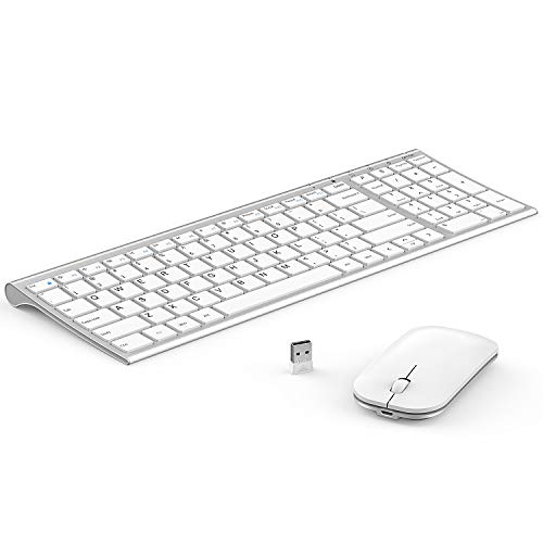 Product Cover Rechargeable Wireless Keyboard Mouse, Seenda Small Compact Low Profile Aluminum Keyboard and Mouse Combo with Number Pad for Windows, Silver and White
