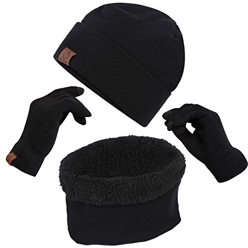Product Cover BeCann Winter Beanie Hats Scarf Touch Screen Gloves 3 Pieces Large Hat Scarf Gloves Set Thick Knit Skull Cap for Men Women (Black)