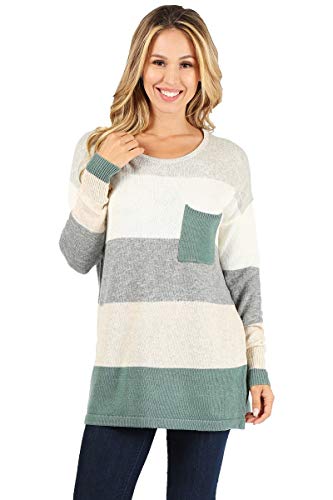 Product Cover Via Jay Women's Stripe Knit Pocket Long Sleeve Sweatshirt Sweater Top, Breathable & Light (Green, Medium)