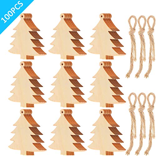 Product Cover Tatuo 100 Pieces Wooden Christmas Tree Cutouts Embellishments Hanging Ornaments with Ropes for Christmas Decoration, Festival, Wedding, Craft