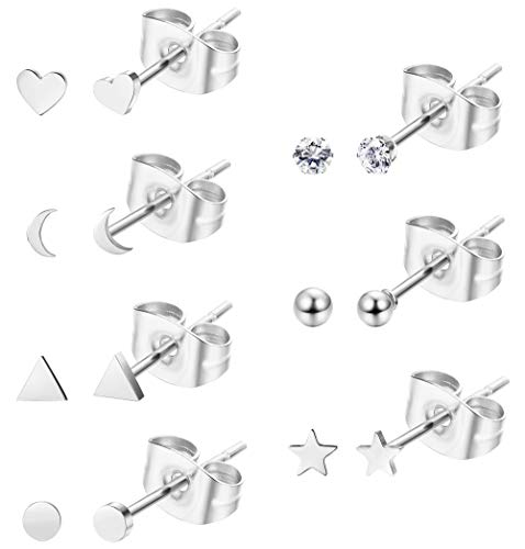Product Cover Sllaiss 7 Pairs Tiny Geometric Stud Earrings Set Stainless Steel CZ Ball Heart Star Cartilage Earrings Studs for Women Helix Ear Piercing Set With Gift Box