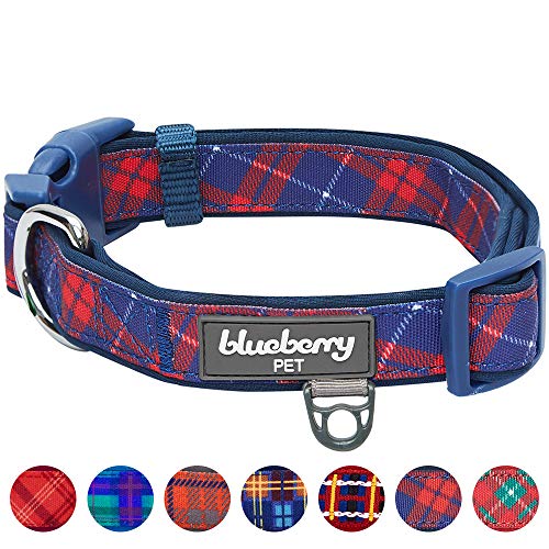 Product Cover Blueberry Pet 2020 New 7 Patterns Soft & Comfy Scottish Iconic Navy Blue & Red Plaid Padded Adjustable Dog Collar, Large, Neck 18