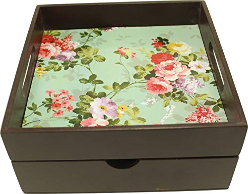 Product Cover Enigmatic Woodworks Vintage Flower Print Wooden Tray with Drawer (8.25 x 4 x 8.25 Inches, Brown)
