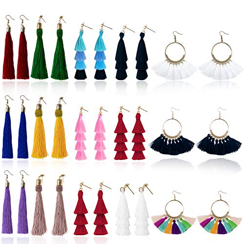 Product Cover Tassel Earrings for Women Fashion - 15 Pack Colorful Drop Hook Fringe Earrings Set Tiered Thread Long Layered Ball Dangle Hoop Tassle Earrings Jewelry for Valentine Birthday Party Gift