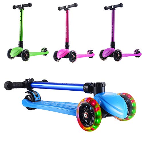 Product Cover Playshion Foldable Kick Scooter for Kids with Adjustable Height and LED Light up Wheels Width 30mm Bright Blue
