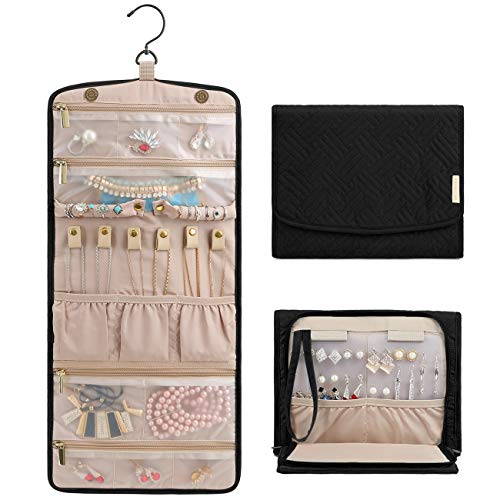 Product Cover bagsmart Travel Hanging Jewelry Organizer Case Foldable Jewelry Roll with Hanger for Journey-Rings, Necklaces, Bracelets, Earrings, Black
