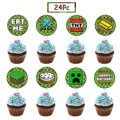 Product Cover 24 Pcs Pixel Miner Crafting Cake Toppers for Games Theme Party,Baby Shower and Happy Birthday Cupcake Decor ,8 Styles