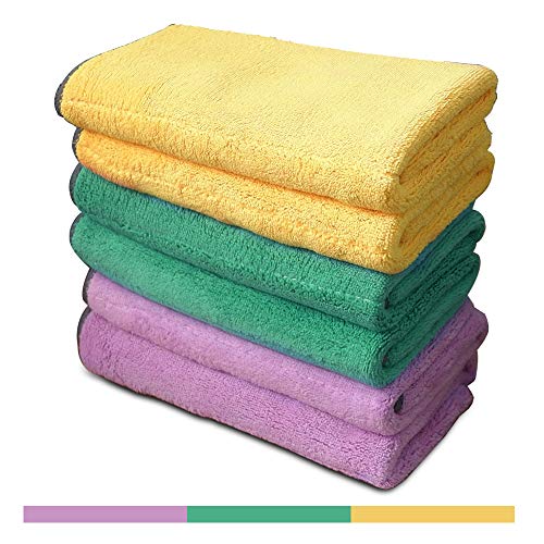 Product Cover 6 Extra Thick Microfiber Cleaning Cloths with 3 Bright Colors, Super Absorbent Dust Cloths Buffing Cloths with Two Color on Two Side, for Kitchen, Car