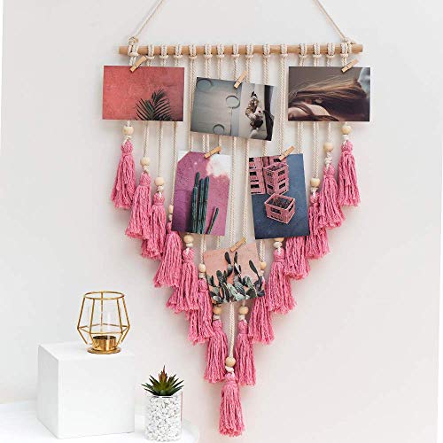 Product Cover IcosaMro Wall Photo Display Macrame Wall Hanging Boho Bohemian Decor Art Picture Hanger for Home Living Room Dorm,Pink& 25 Wood Clips