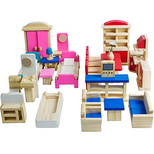 Product Cover Seanmi Wooden Dollhouse Furniture - 5 Sets, Doll House Furnishings, 35 Pieces of Dollhouse Accessories (Living Room, Kitchen, Dining Room, Bedroom, Bathroom)