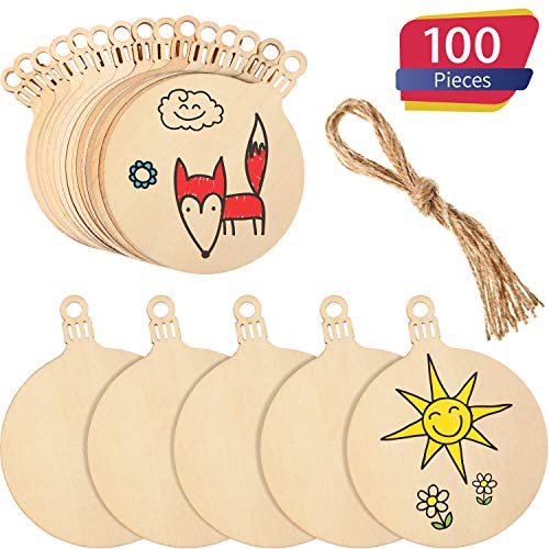 Product Cover Tatuo Unfinished Wood Ornaments Wood Ornament Slices Round Wood Pieces Embellishments for Christmas Decoration Hanging and DIY Craft (100)