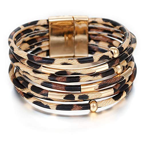 Product Cover Celokiy Leopard Bracelet for Women Cheetah Print Boho Pipe Charm Multilayer Wide Leather Wrap Bracelets