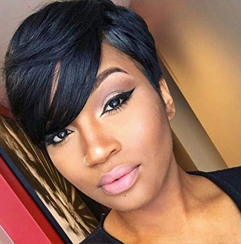 Product Cover HOTKIS Short Human Hair Wigs For Black Women Pixie Cut Short Hair Wigs with Bang (Pixie Side Parting)