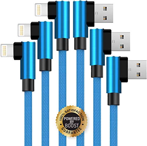 Product Cover Boost Chargers 3-Pack 6FT Charging Cable Nylon Braided 90 Degree Fast Charging USB Power Charge & Sync Cord Compatible with iPhone XR XS MAX X iPhone 8 8Plus 7 Plus 6S 6S Plus 6 5 SE- Blue