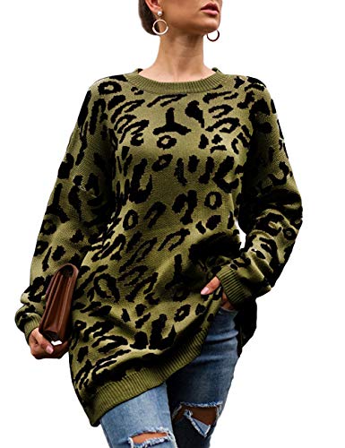 Product Cover Women's Casual Leopard Print Pullover Sweater Long Sleeve Round Neck Knitted Jumper Sweater Plus Size Tunic Tops Green L