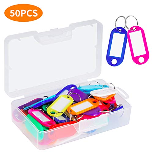 Product Cover Cuttte 50 Pack Plastic Key Tags with Container, Key Labels with Ring and Label Window, 10 Colors