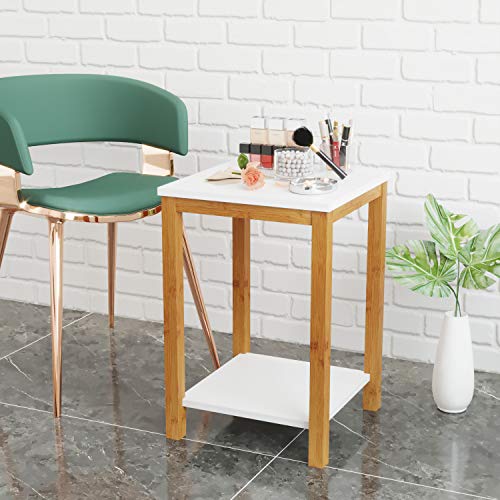 Product Cover BAMEOS Side Table Modern Industrial End Table, 2-Tier Side Table with Storage Shelf, Accent Coffee Table for Living Room Bedroom Balcony Family and Office in White Color