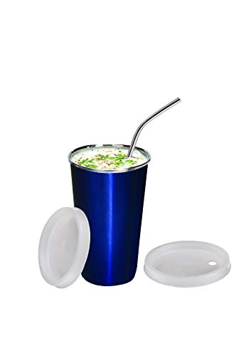 Product Cover Falcon 2018-19 Stainless Steel Glass with Straw and Straw Lid Plus Extra Travel Lid, 300ml (Medium, Blue)