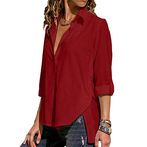 Product Cover Womens Button Down Shirts Long Sleeve Office Casual Resilience Blouses (Small, Red)
