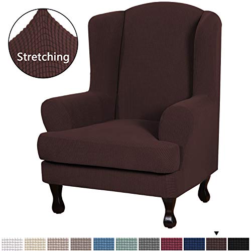 Product Cover H.VERSAILTEX 2 Piece Sofa Cover Spandex Jacquard Fabric Furniture Slipcover Stay in Place High Stretch Rich Jacquard Wing Back Armchair Slipcovers, Skid Resistance Machine Washable(Wing Chair, Brown)