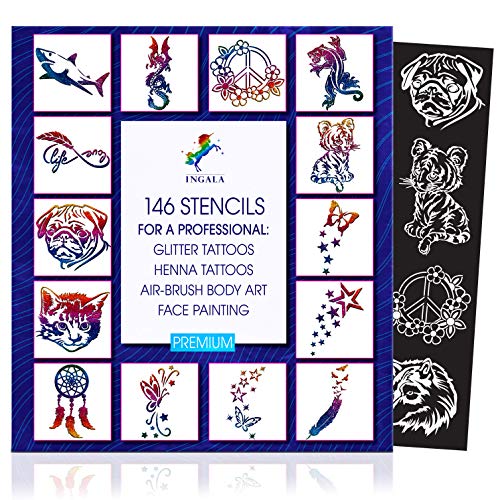 Product Cover INGALA Premium Stencils Set - 146 Unique Artistic Glitter Tattoo Stencils for Kids, Teens and Adults. Suitable as Henna Tattoo stencils, Airbrush Stencils and Face Painting stencils