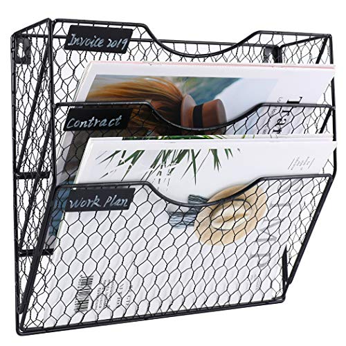Product Cover PAG Wall File Holder Hanging Mail Organizer Metal Chicken Wire Wall Mount Magazine Rack, 3-Tier, Black