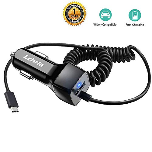 Product Cover Lchrla USB Car Charger, Type C Android Phone Car Adapter Built-In Curly Cable Compatible with Samsung Galaxy S8 S9 S10 Plus Note 9 8, LG G7/G6/G5/V40/V30/V20 Google Nexus