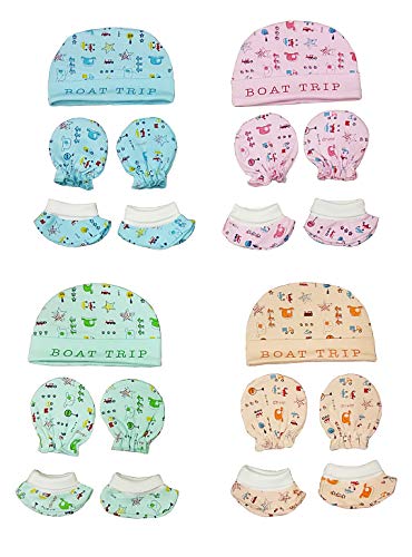Product Cover MUM'S MAGIC Born Baby Kids Cotton Caps Booties Mittens Combo Set, 0-6 Months (Multicolour) Pack of 4
