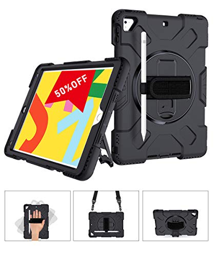 Product Cover SUPFIVES STOCK iPad 9.7 Case, Heavy Duty Protective 360 Rotatable Stand Adjustable Shoulder Strap Shockproof Case with Pencil Holder & Hand Strap for iPad 6th/5th Generation air 2 pro 9.7 (Black)