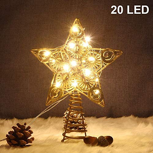 Product Cover Juegoal Star Tree Topper with 20 LED Lights, Gold Lighted Treetop Christmas Tree Decoration, 9 Inches (H)