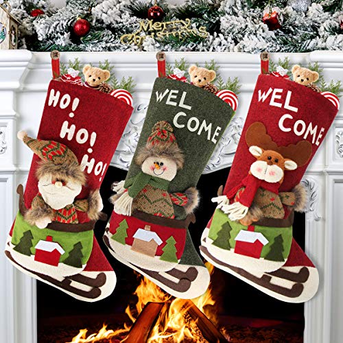 Product Cover Aiduy 3 Pack Christmas Stockings Set Xmas Fireplace Hanging Stockings Decoration 3D Plush Santa Snowman Reindeer Ornaments for Holiday Decor and Party Favors Accessory, 18