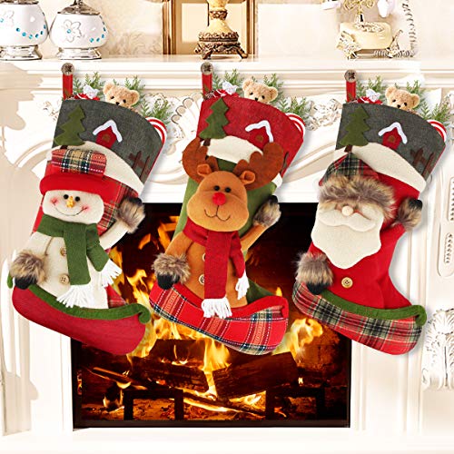 Product Cover Aiduy Set of 3 Christmas Stockings Decoration with Cute 3D Plush Santa Snowman Reindeer Xmas Stockings for Christmas Tree Decorations Gifts and Home Decor, 18''