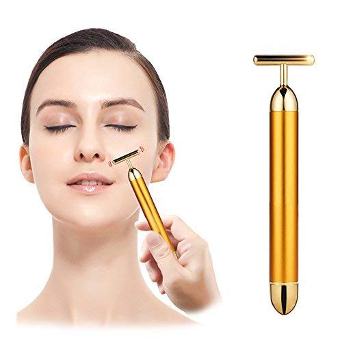 Product Cover VOXMIC 1Pc 24K Gold Energy Beauty Bar Electric Vibration Facial Massage Roller Waterproof Face Skin Care T-Shaped Anti Wrinkle Massager for Forehead Cheek Neck Clavicle Arm Leg