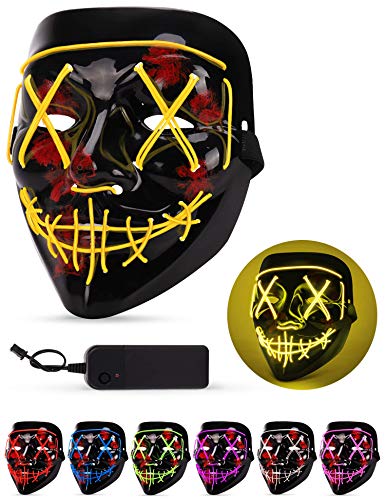 Product Cover Sago Brothers Scary Halloween Mask, LED Light up Mask Cosplay, Glowing in The Dark Mask Costume 3 Lighting Modes, Halloween Face Masks for Men Women Kids - Yellow